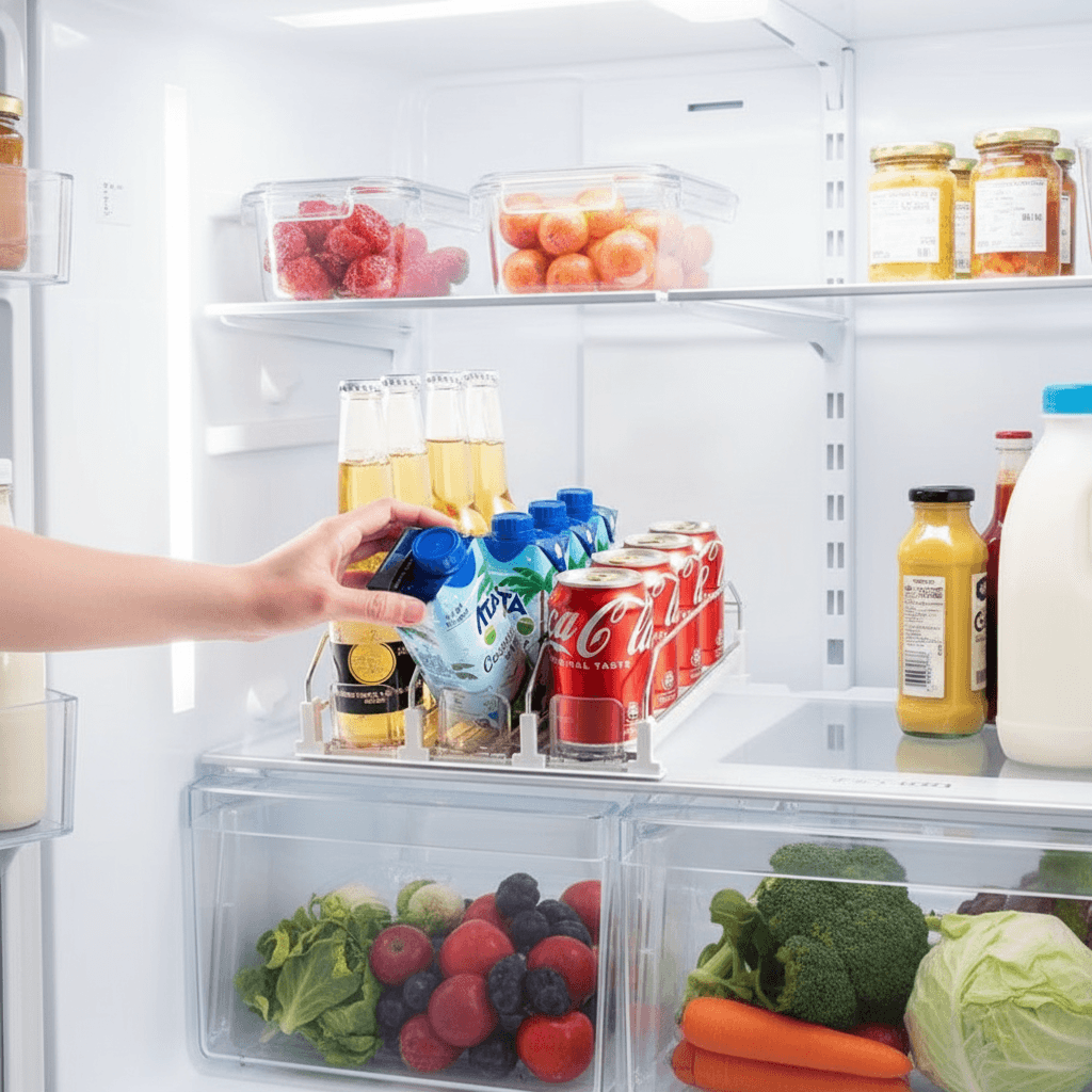 Automatic can dispenser installed on a tidy fridge shelf