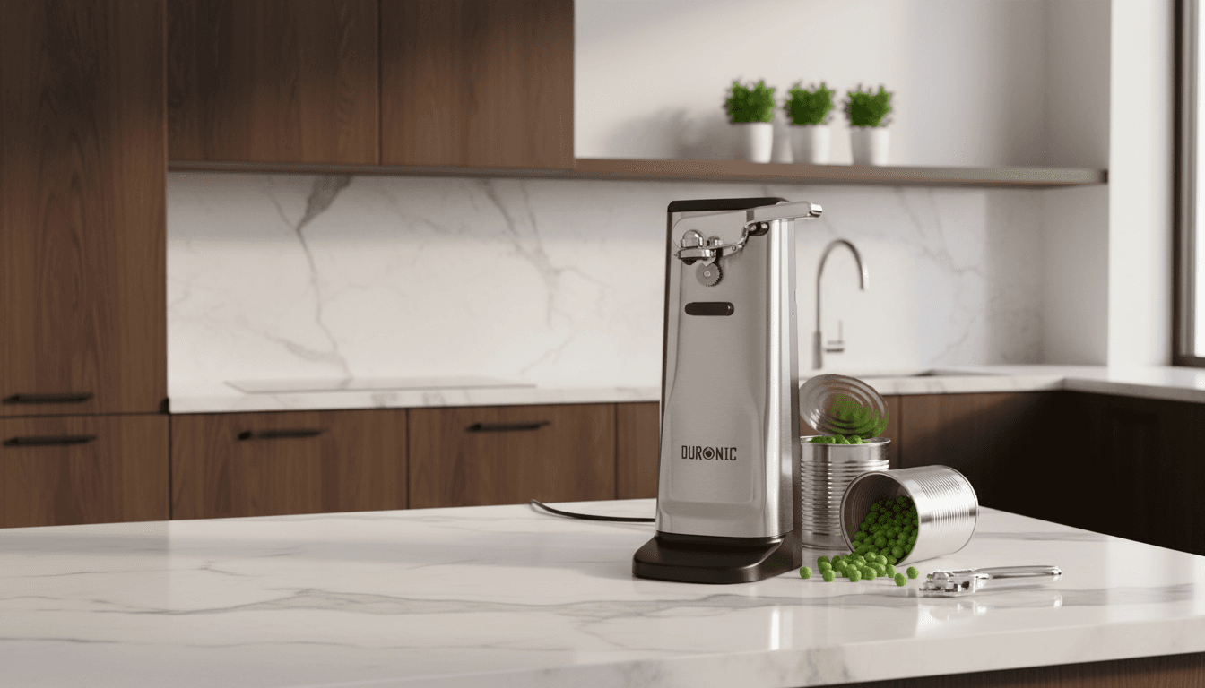 Electric can opener attached to a tin on a kitchen counter