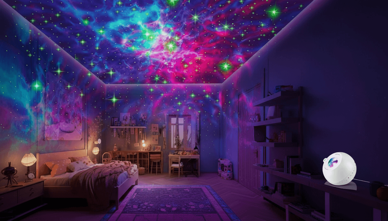 Bedroom filled with projected galaxy lighting