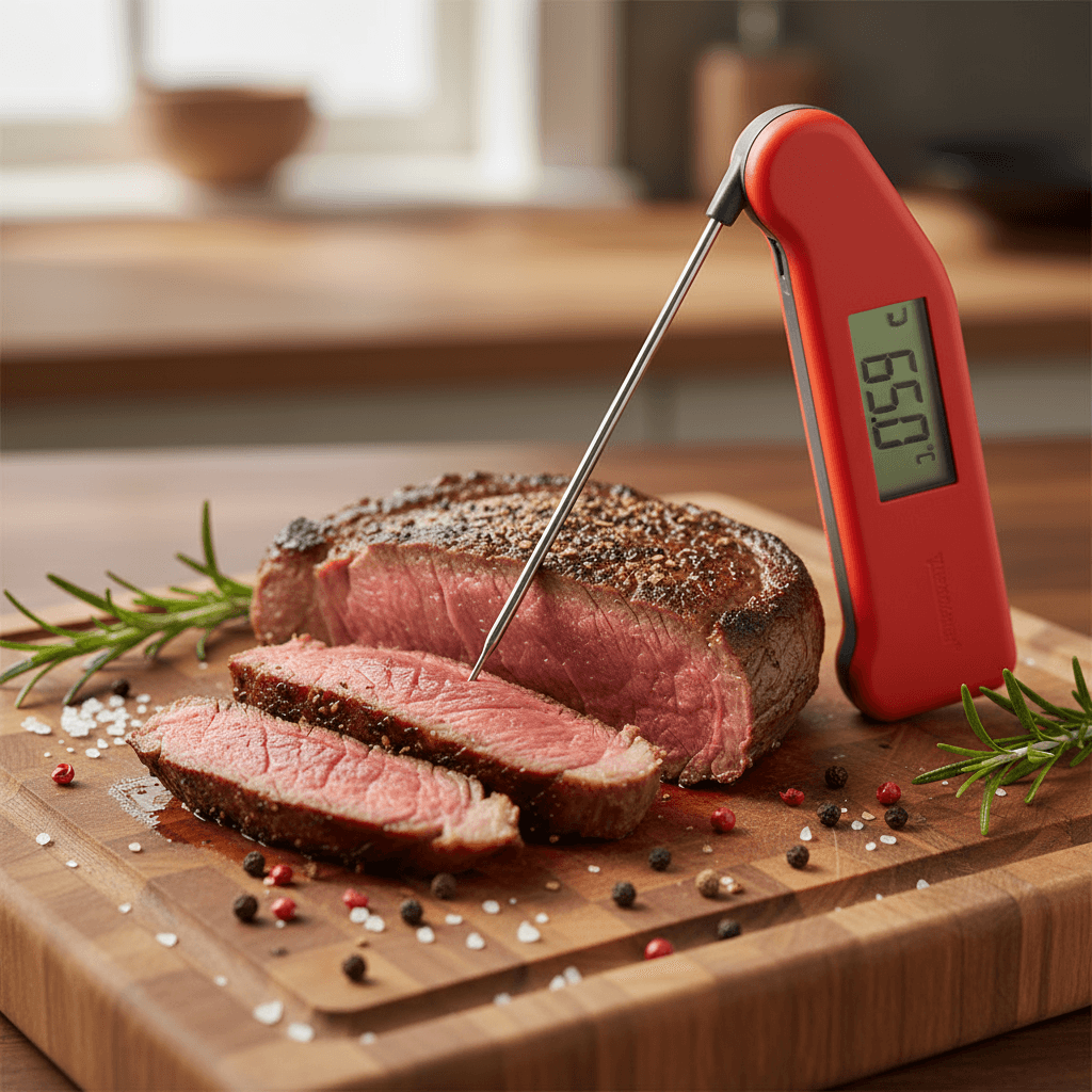 Fast-read digital thermometer checking the temperature of a steak