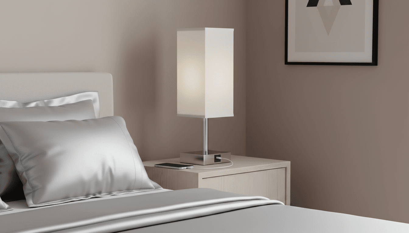 Touch bedside lamp beside a phone on a nightstand